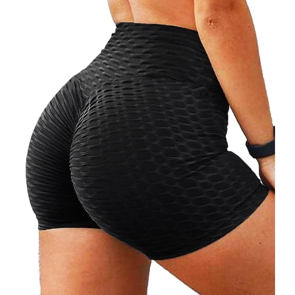 SEASUM Women's High Waist Butt Lift Workout Shorts Tummy Control Textured Yoga Sports Shorts Black XL