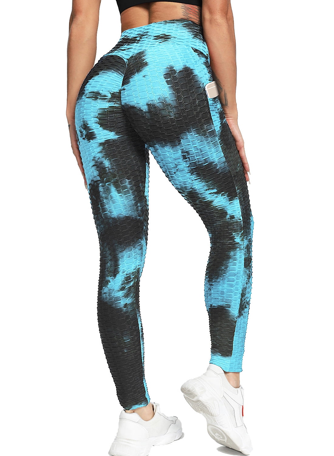 SEASUM Women's High Waist Tie Dyed Yoga Leggings With Pockets Tummy Control  Butt Lift Workout Pants Textured Slimming Tights Black+Blue L 