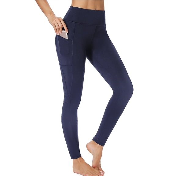 SEASUM Women's High Waist Yoga Leggings With Pockets Workout Athletic Pants Running Tights Navy Blue L