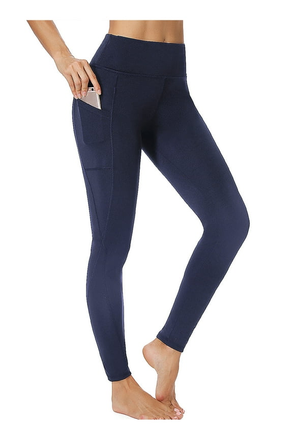 Women's High Waist Yoga Leggings With Pockets Workout Athletic Pants Running Tights Navy Blue L