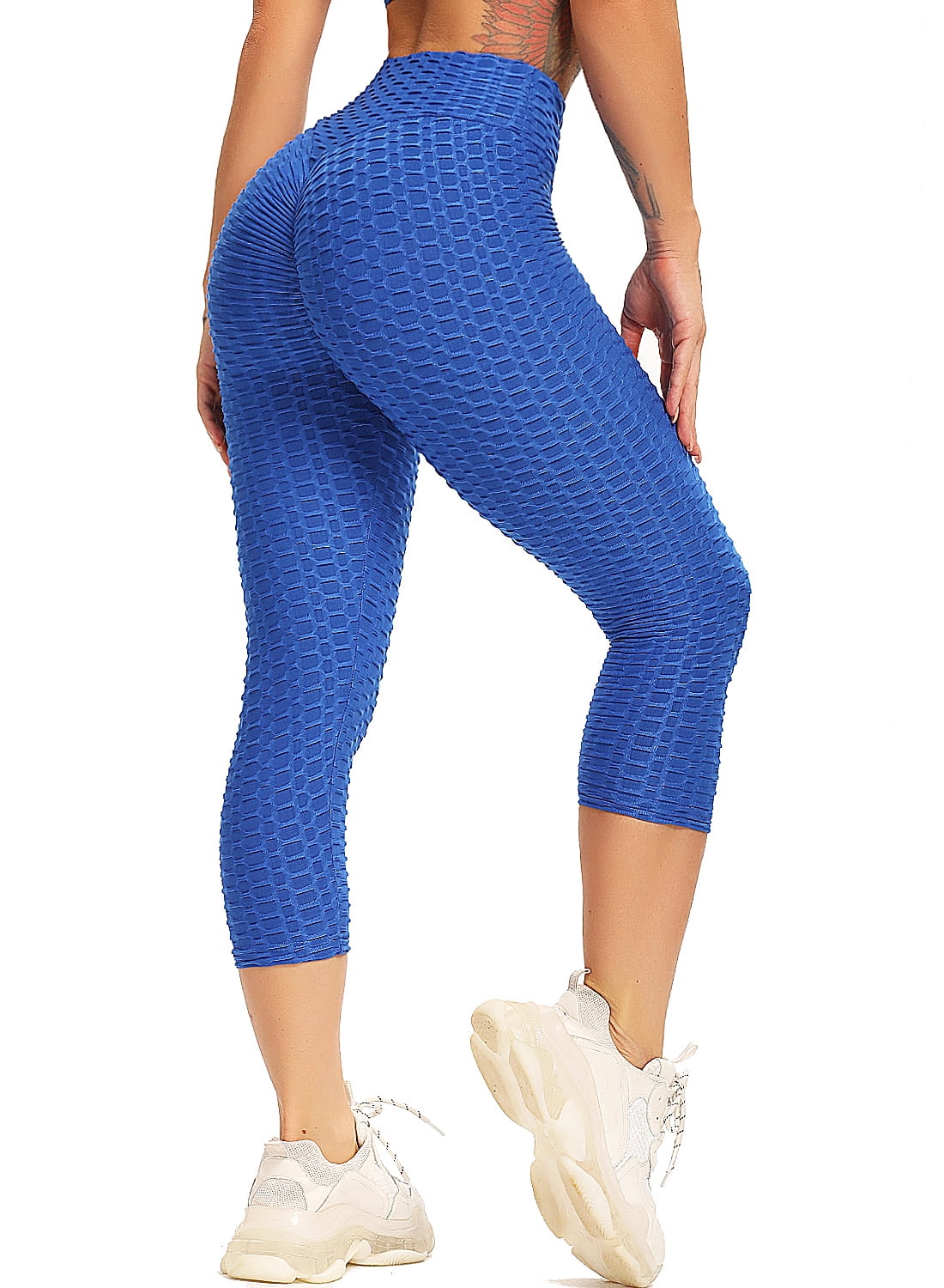 SEASUM Women's Yoga Capris Leggings Butt Lift High Waist Athletic Runnning  Pants Textured Workout Tights Blue XL 