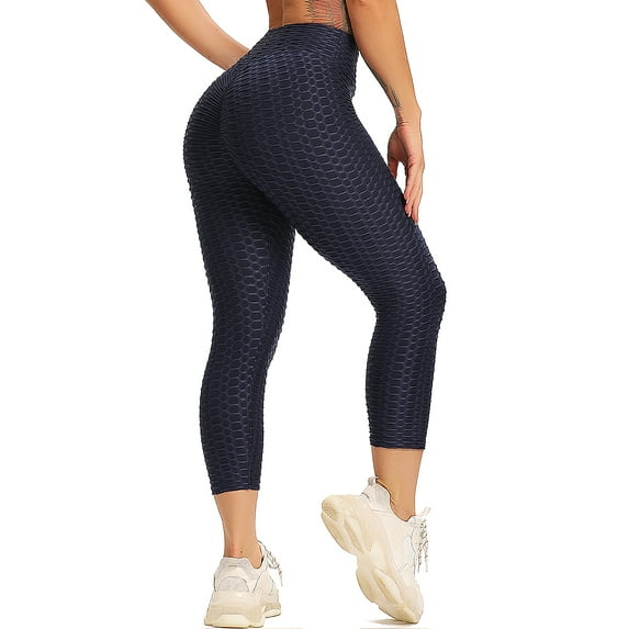 SEASUM Women's Yoga Capris Leggings Butt Lift High Waist Athletic Runnning Pants Textured Workout Tights Navy Blue L