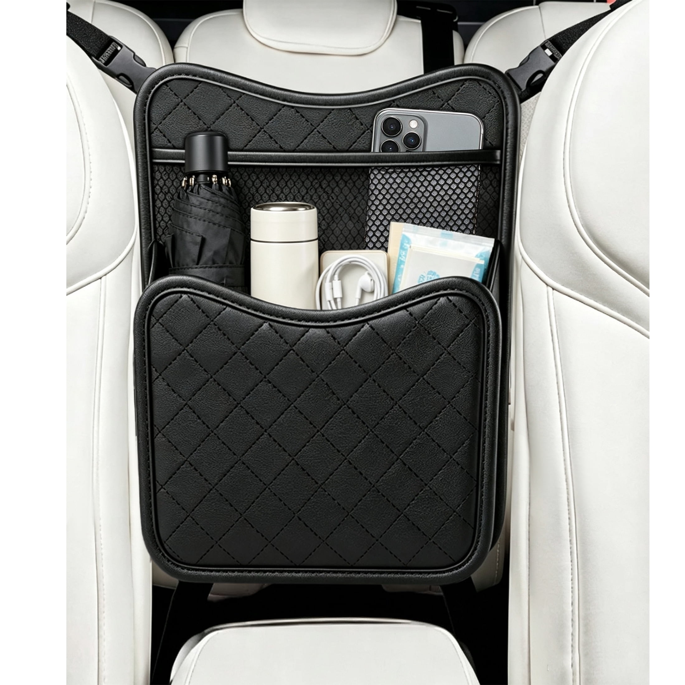 Auto Drive Black Diamond Embossed Faux Leather Seat Barrier Organizer,Car Tissue Holder, Durable Backseat Protector with Storage Pockets for Cars, Trucks, and SUVs,1 Pack