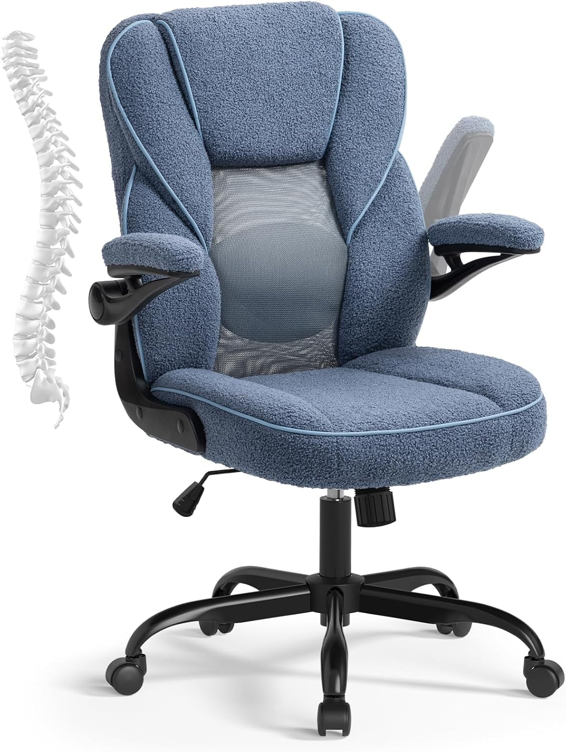 SEATZONE Home Office Desk Chairs with Wheels and Armrests,Office Chair Comfortable Ergonomic Mesh with Teddy Fleece Fabric Executive Computer Chairs for Adults and Teens,Blue