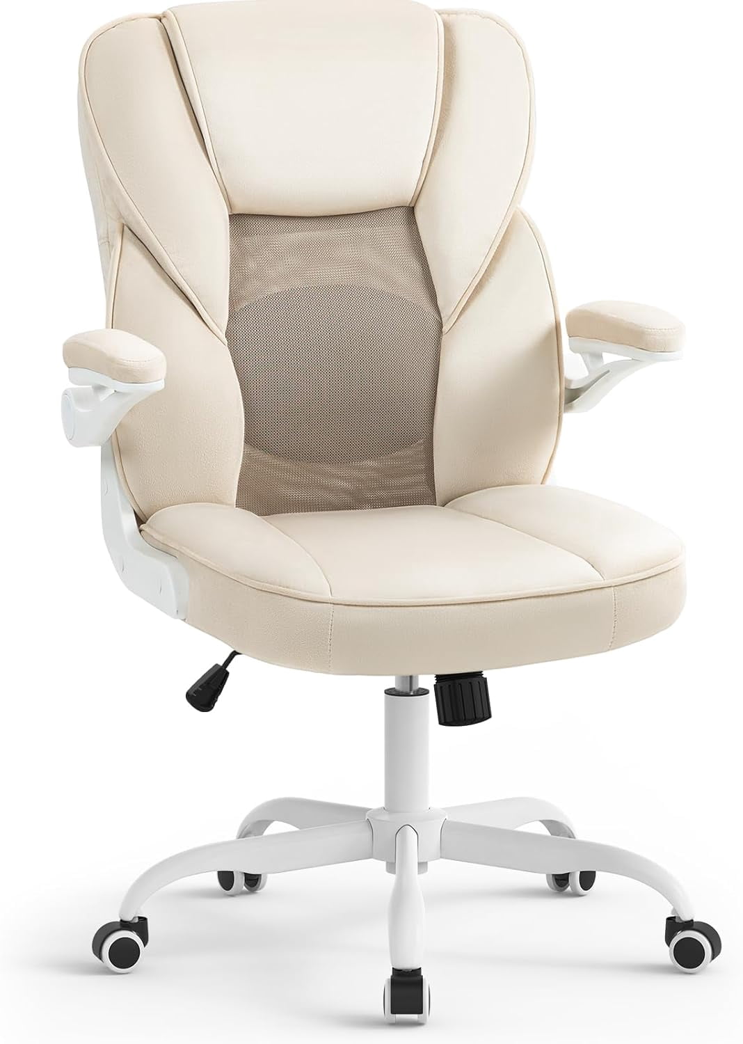SEATZONE Home Office Desk Chairs with Wheels and Armrests,Office Chair Comfortable Ergonomic Mesh with Teddy Fleece Fabric Executive Computer Chairs for Adults and Teens,Beige