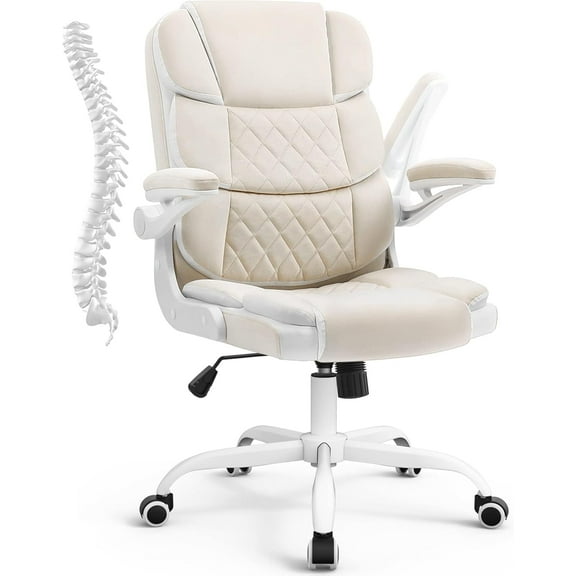 SEATZONE Home Office Desk Chairs with Wheels and Flip-up Armrests,Velvet Fabric Executive Office Chair Comfortable Ergonomic Computer Chairs for Adults and Teens,Beige