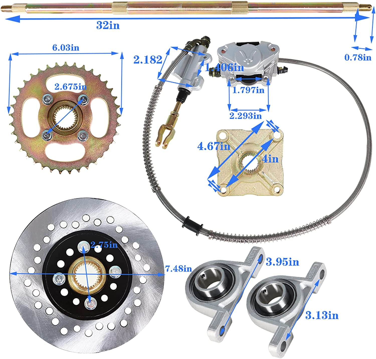 SEBLAFF 32'' Go Kart Rear Axle Kit + Brake Assembly +Sprocket Hub Drift Trike