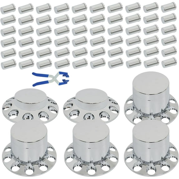 SEBLAFF 33mm Chrome Semi Truck Flat Top Hub Cover Kit Lug Nut Wheel Axle Covers Complete