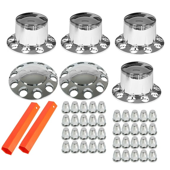 SEBLAFF Pair Chrome Front Hub Cover Semi Truck Wheel Kit Axle Cover 33mm Lug Nuts