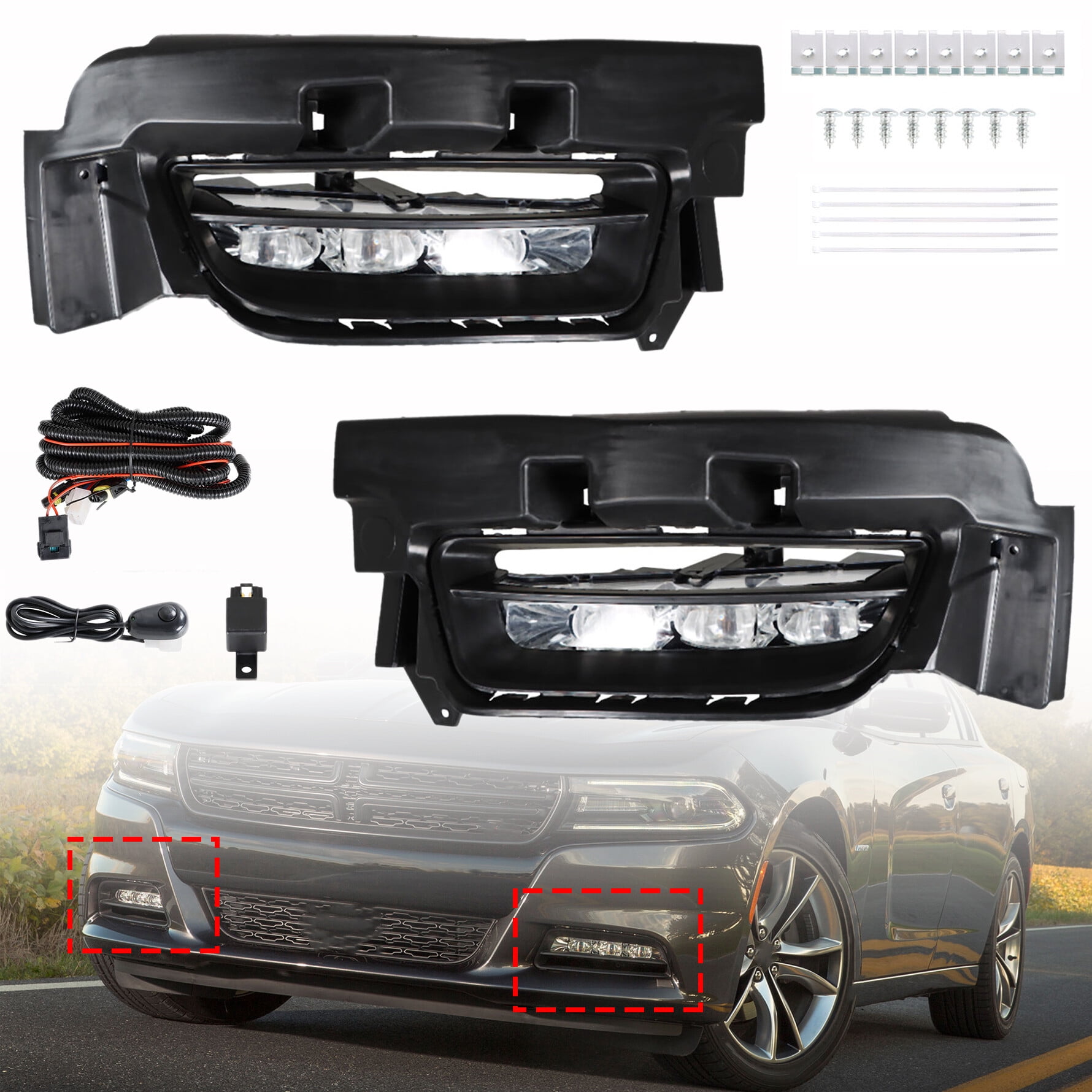SEBLAFF Pair of Fog Lights Bumper Lamps+Switch+Wiring Kits For 2015-2020 Dodge  Charger