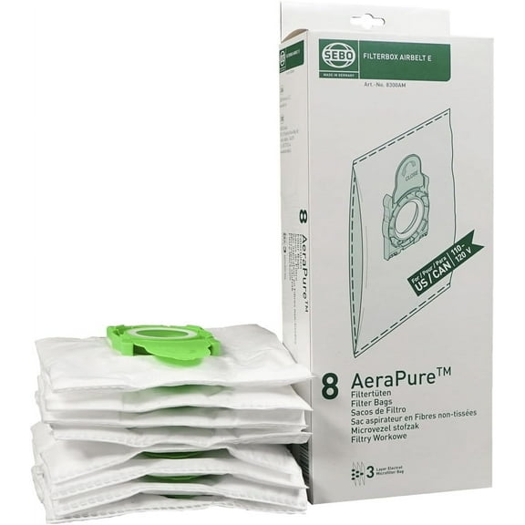 SEBO Filter Bag Box Airbelt E, 8 Three-Layer Ultra Bags with caps #8300AM