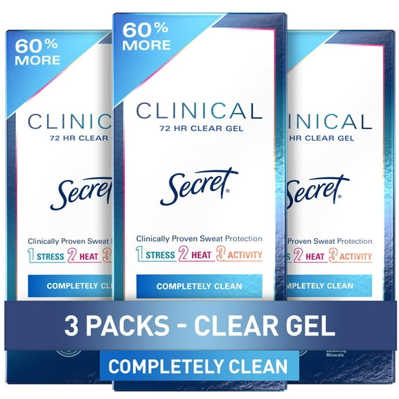 Secret Clinical Strength Clear Gel Antiperspirant and Deodorant for Women, Completely Clean, 2.6 oz Pack of 3