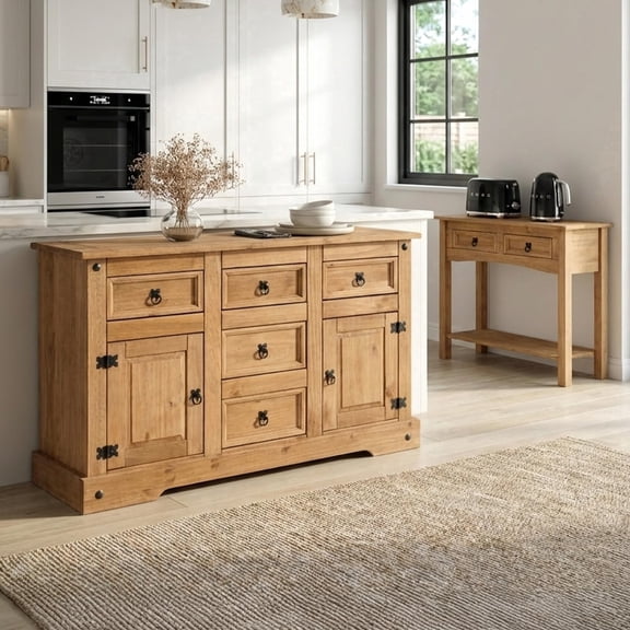 SECONIQUE Corona Sideboard & Console Table Set  2 Door 5 Drawer Sideboard and 2 Drawer Console Table  Rustic Reforested Wood Storage Furniture  Easy to Assemble