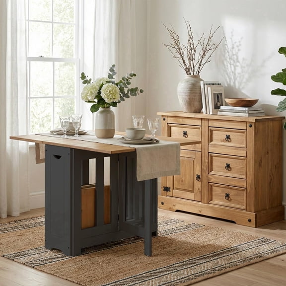SECONIQUE Corona Sideboard & Santos Butterfly Dining Set 1 Door 4 Drawer Sideboard and Foldable Dining Table with 4 Chairs Rustic Reforested Wood Furniture Easy to Assemble