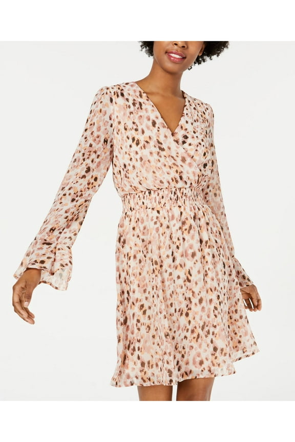 Womens Beige Long Sleeve Mini Wrap Dress Cocktail Dress XXS