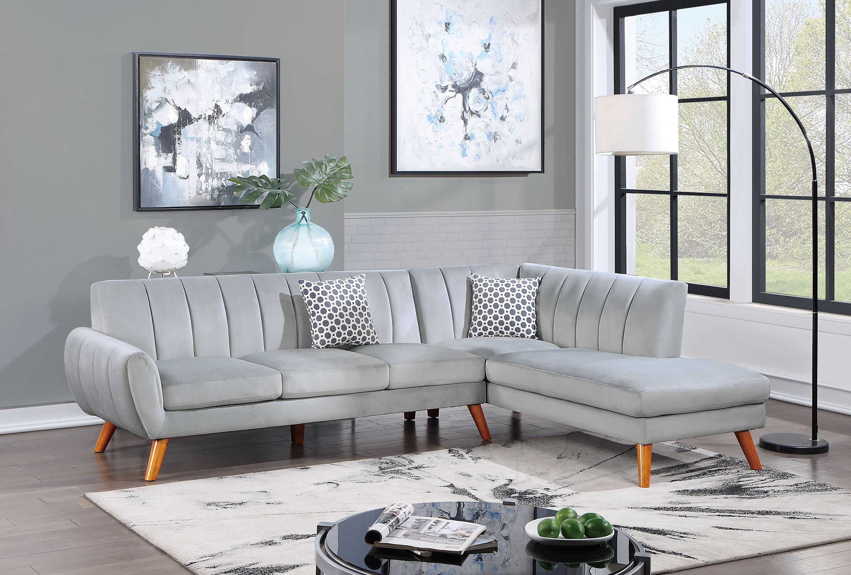 SECTIONAL Sofa 2PC Light Gray Velvet Fabric & Wood Frame 111"W x 80"D x 33"H Reversible Chaise ...