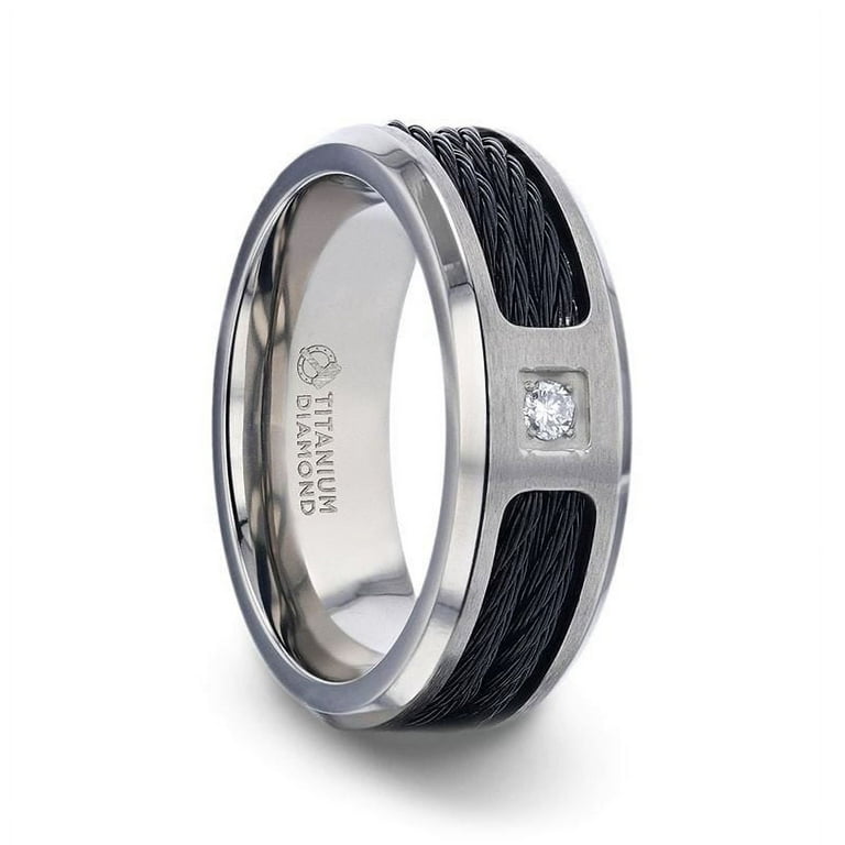 Thorsten SECTOR Black Rope Cables Inlaid Brushed Finish Titanium Men's Wedding Ring with Diamond Centered And Beveled Polished Edges - 8mm Thorsten SECTOR Black Rope Cables Inlaid Brushed Finish Titanium Men's Wedding Ring with Diamond Centered And Beveled Polished Edges - 8mm