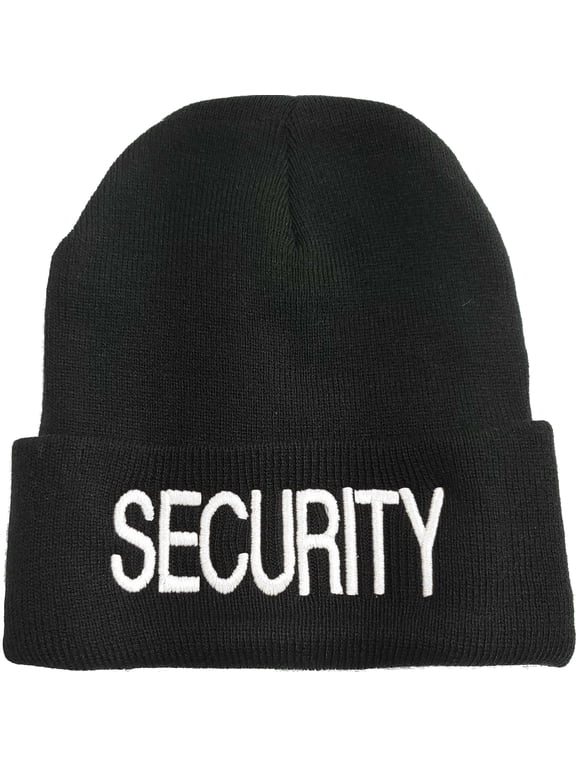 SECURITY Large Embroidered Beanie SHERPA Lined Warm Winter Watch Cap Security Winter Hat Uniform (BlackWithWhiteText)