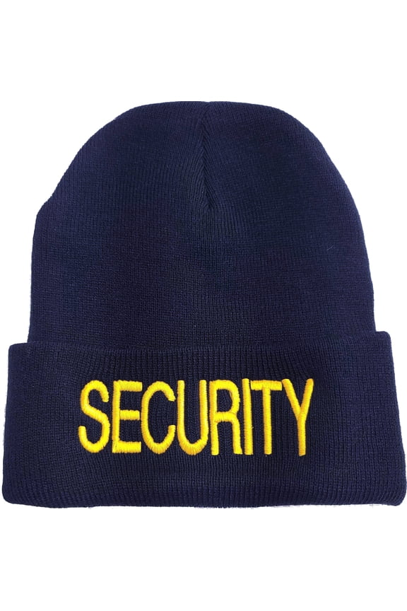 SECURITY Large Embroidered Beanie SHERPA Lined Warm Winter Watch Cap Security Winter Hat Uniform (NavyBlueWithGoldText)