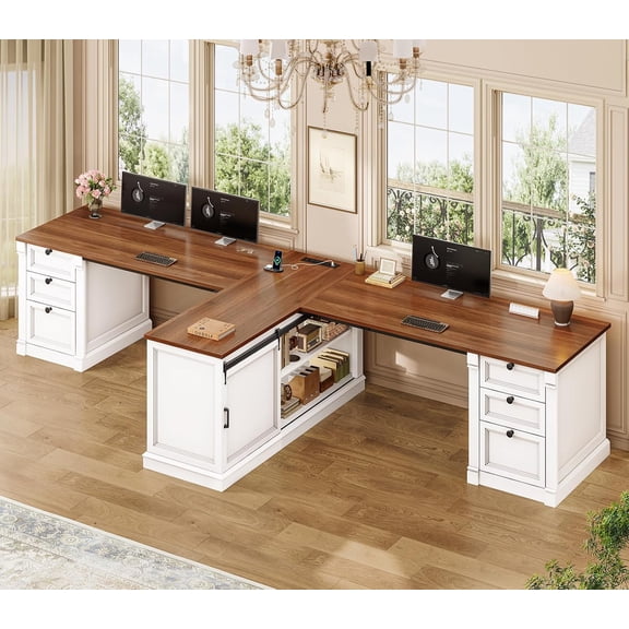 SEDETA 110.2" Two Person Desk with 6 Drawers & Power Strip, Farmhouse T Shaped Office Desk with File Storage, Large Dual Computer Workstation Desk with Sliding Barn Doors for Home Office, White Brown