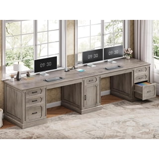 SEDETA 110.3" Farmhouse Two Person Desk with 7 Drawers, Long Double Computer Desk with Power Outlet & Storage Cabinet, Extra Long File Cabinet Desk for Home Office, Gray