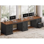 SEDETA 110 Inch Two Person Desk with Storage, Farmhouse Long Double Desk with 7 Wood Drawers and Cabinet, Wood 2 Person Desk with Power Outlets for Office, Bedroom, Black & Brown