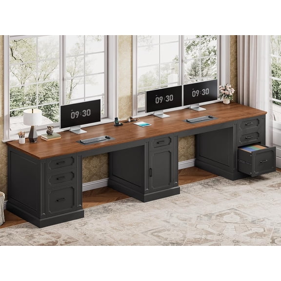 SEDETA 110 Inch Two Person Desk with Storage, Farmhouse Long Double Desk with 7 Wood Drawers and Cabinet, Wood 2 Person Desk with Power Outlets for Office, Bedroom, Black & Brown