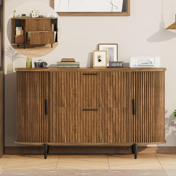 SEDETA 2 Drawer File Cabinet, 39.4" Filing Cabinet for Home Office, fit Legal/Letter/A4 Size, Light Luxury Fluted Filing Cabinets with 2 Sliding Door Storage, Printer Stand, Brown