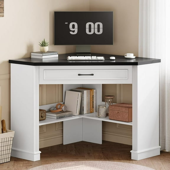 SEDETA 31.5" White Corner Desk, Small Corner Desk for Small Space, Farmhouse Triangle Computer Desk with Drawer and Storage for Home Office, Living Room, Bedroom, Vanity Desk