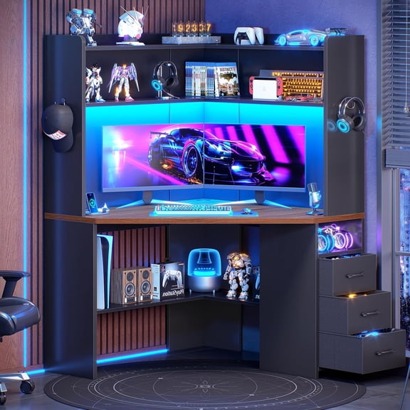 SEDETA 31.5" Corner Desk for Small Space, Farmhouse Small Corner Computer Desk with Hutch, 3 Drawers & Storage Shelves, Triangle Desk with LED Lights & Power Outlets, Black