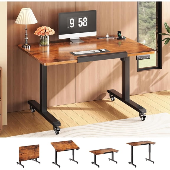 SEDETA 31.5" Foldable Electric Standing Desk, 180° Tiltable Mobile Computer Desk with Wheels, Height Adjustable Small Space Drawing Drafting Desk with Power Outlets for Home Office, Brown