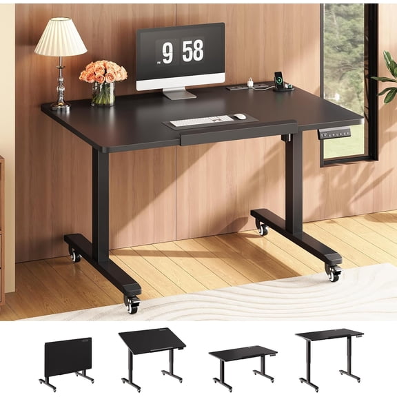 SEDETA 31.5" Foldable Electric Standing Desk, 180° Tiltable Mobile Computer Desk with Wheels, Height Adjustable Small Space Drawing Drafting Desk with Power Outlets for Home Office, Black