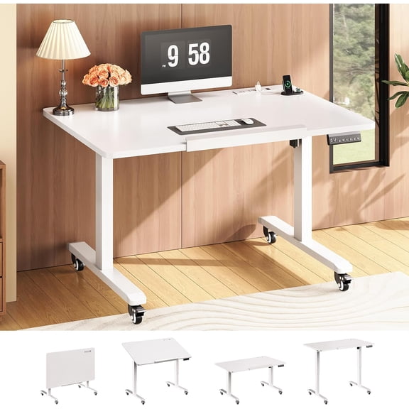 SEDETA 31.5 Inches White Electric Standing Desk, 180° Tilt Mobile Height Adjustable Computer Desk on Wheels, Small Space Foldable Rolling Drawing Desk with Outlets for Home Office Gaming