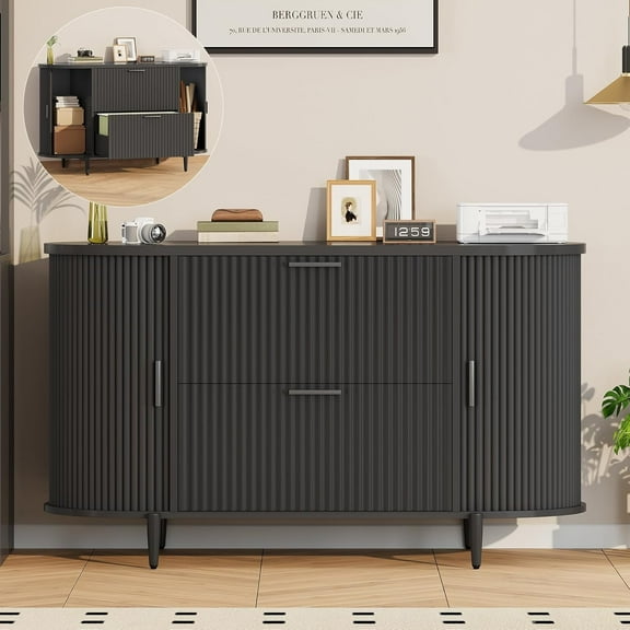 SEDETA 39.4" Filing Cabinet for Home Office, 2 Drawer File Cabinet, fit Legal/Letter/A4 Size, Modern Fluted Filing Cabinets with 2 Sliding Door Storage, Printer Stand, Black