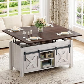 SEDETA 4 in 1 Multi-Function Lift Top Coffee Table with Storage, Farmhouse Wood Living Room Table Converts to Dining Table, Hidden Storage Compartment Central Table with Barn Doors, Vintage White