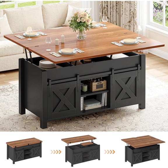 SEDETA 4 in 1 Multi-Function Lift Top Coffee Table with Storage, Farmhouse Wood Living Room Table Converts to Dining Table, Hidden Storage Compartment Central Table with Barn Doors, Black Brown