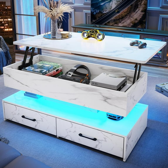 SEDETA 40" Lift Top Coffee Table, Coffee Tables with Storage for Living Room, Small Coffee Table with 2 Drawers & LED Light for Dining Reception Room, White Marble