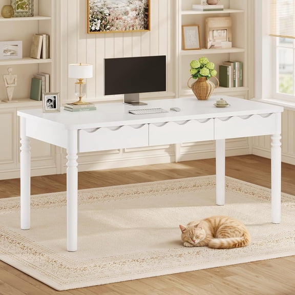 SEDETA 47 Inch Solid Wood Computer Desk with 3 Drawers, Real Pine Wood Home Office Writing Desk, Vintage Makeup Vanity Desk for Bedroom, French Wave Carved Executive Study Table, White
