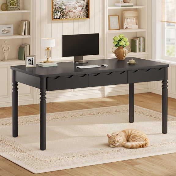 SEDETA 47" Solid Pine Wood Computer Desk, Home Office Executive Desk with 3 Wave Carved Drawers, Vintage Wood Writing Study Table & Makeup Vanity Desk for Bedroom, Easy Assembly, Black
