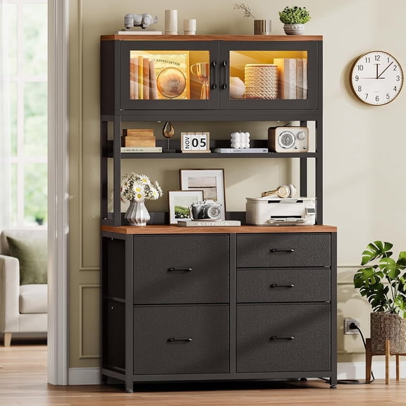 SEDETA 5 Drawer File Cabinet with Power Strip & LED Lights, 31.5" Legal/Letter/A4 Filing Cabinet with Glass Door Display Case, Large Printer Stand with Storage Shelves, Black + Brown