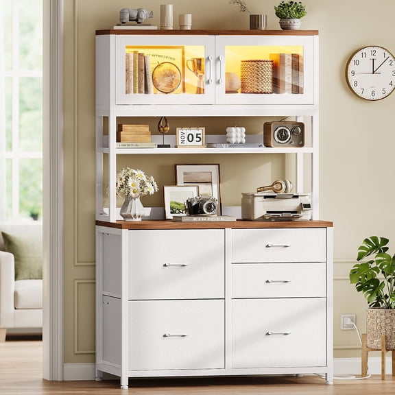 SEDETA 5 Drawer File Cabinet with Power Strip & LED Lights, 31.5" Legal/Letter/A4 Filing Cabinet with Glass Door Display Case, Large Printer Stand with Storage Shelves, White + Brown
