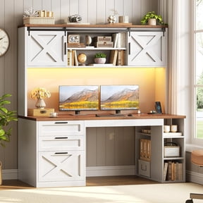 SEDETA 55.1" Farmhouse Desk with Hutch & 3 Drawers, Computer Desk with LED Lights, Power Outlets, File Cabinet, Sliding Doors & Storage Shelves, Executive Home Office Desk, White Brown