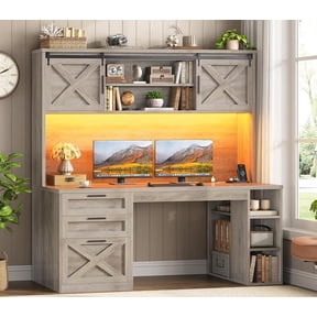 SEDETA 55.1" Farmhouse Executive Desk with Hutch & Power Outlets, Home Office Computer Desk with Smart LED Lights, 3 Drawers, File Cabinet & Storage Shelves, Grey
