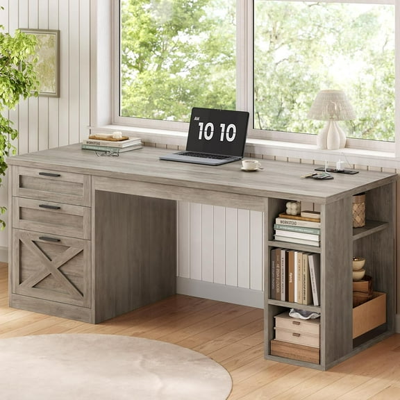 SEDETA 55.1" Farmhouse Office Desk with 3 Drawers, Computer Desk with File Drawer & Storage Shelves, Executive Desk with Power Outlet for Home Office, Grey