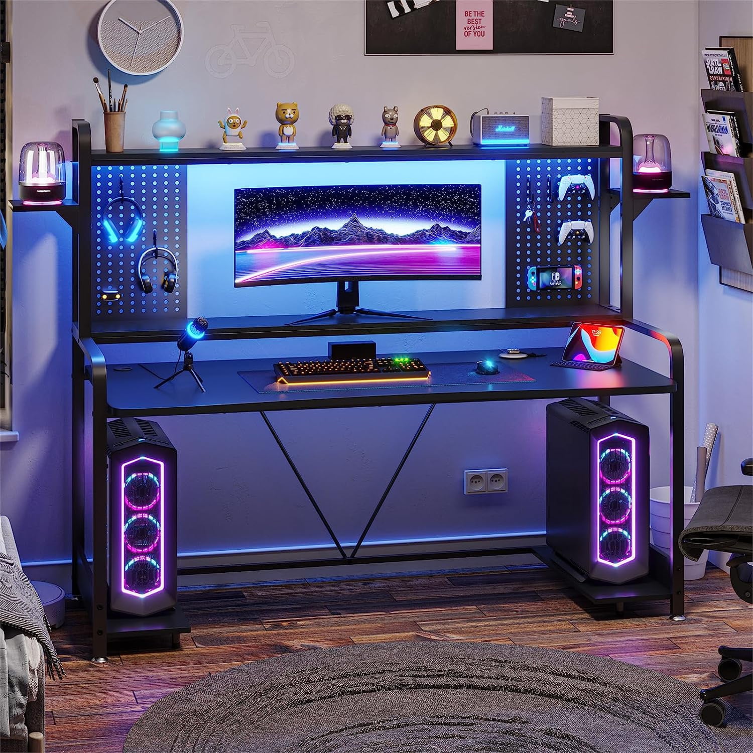 SEDETA 55" Computer Desk with Hutch and Shelves, Gaming Desk with LED