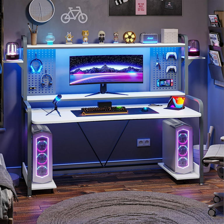 SEDETA Gaming Desk, 55 Computer Desk with Hutch and Shelves, Gaming Desk  with LED Lights, Pegboard & Monitor Shelf, Large PC Gamer Desk Workstation