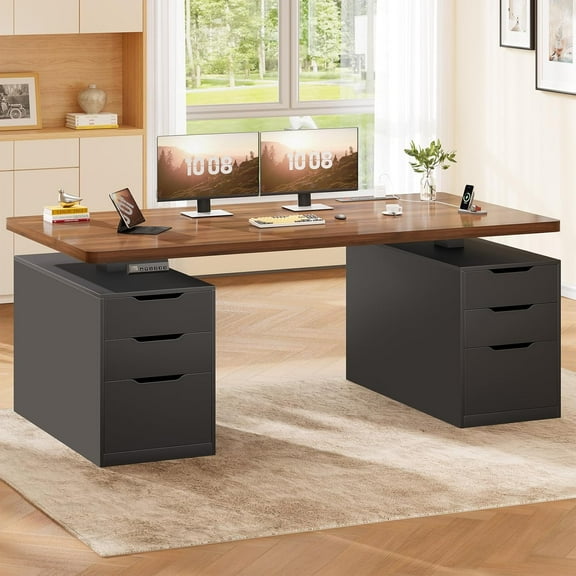 SEDETA 55" Electric Standing Desk with 6 Drawers, Adjustable Height Computer Desk with Power Outlets, Wood Corner stand Up Desk for Home Office, Large PC Workstation, Black & Brown Top