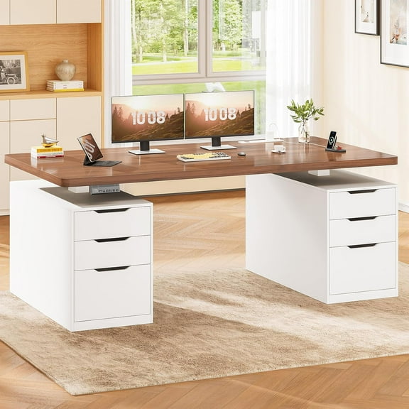 SEDETA 55" Electric Standing Desk with 6 Drawers, Adjustable Height Computer Desk with Power Outlets, Wood Corner stand Up Desk for Home Office, Large PC Workstation, White & Brown Top