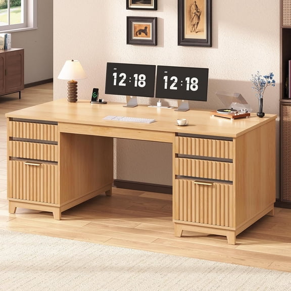 SEDETA 55 Inch Fluted Computer Desk with 6 Drawers, Modern Executive Desk with Acrylic File Drawers, Home Office Desk with Power outlets for Writing and Study, Vanity Desk for Bedroom, Natural Wood