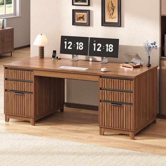 SEDETA 55 Inch Fluted Computer Desk with 6 Drawers, Modern Executive Desk with Acrylic File Drawers, Home Office Desk with Power outlets for Writing and Study, Vanity Desk for Bedroom, Brown